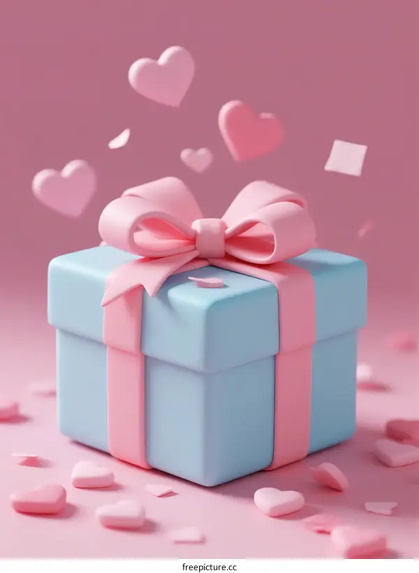 A Blue Gift Box with Pink Bow and Floating Hearts