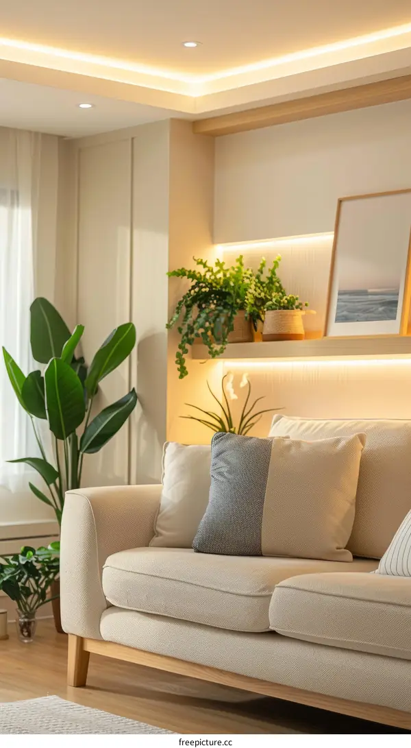 Bright living room interior with sofa and plants