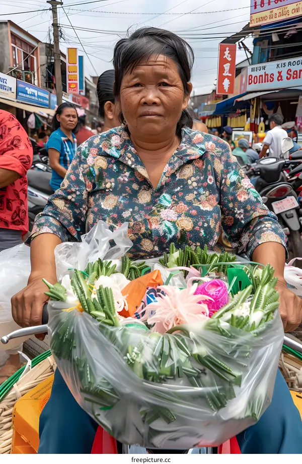 Southeast Asian Woman Riding Motorcycle with Flowers in Basket