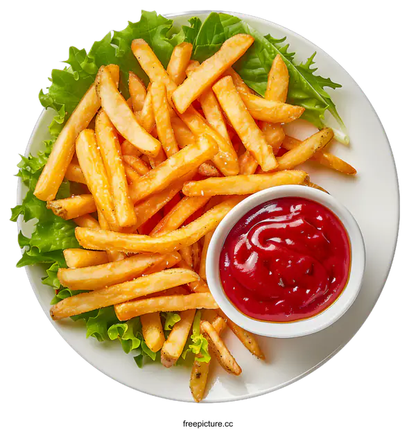 [Transparent Background PNG]Crispy French Fries with Ketchup and Lettuce on a Plate