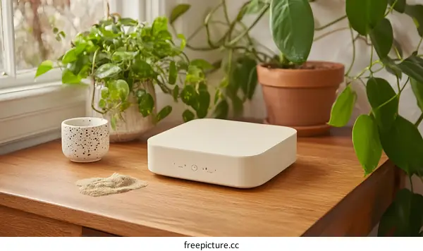 White Home Device on Wooden Table with Plants