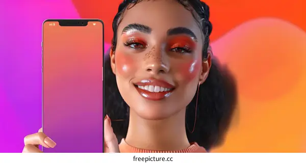 Smiling Woman Holding a Smartphone Against a Colorful Background