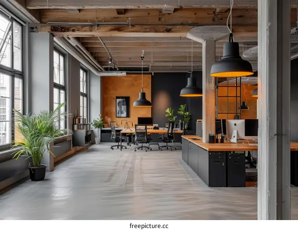 Modern office interior with concrete ceiling and wooden beams