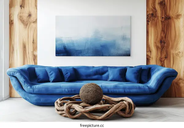 Modern Living Room Interior Design with Blue Sofa and Abstract Painting