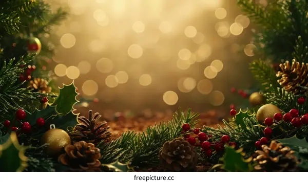 Christmas background with ornaments and pine branches