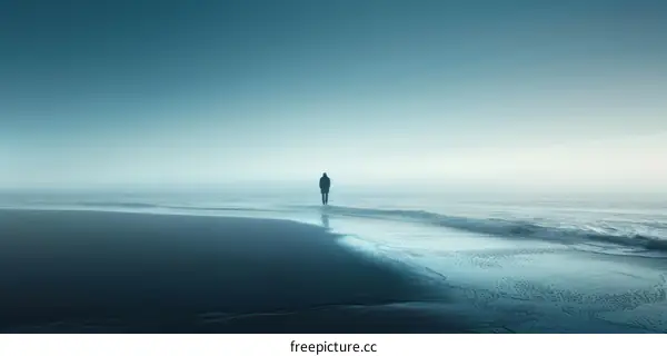 Man walking alone on beach at sunset