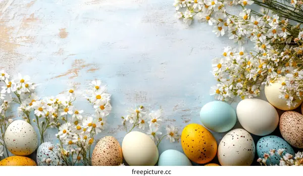 Pastel Easter Eggs and Flowers Background