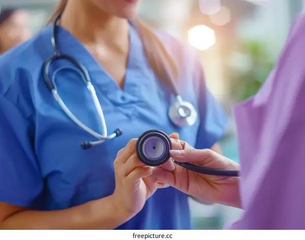 Two nurses are holding a stethoscope together