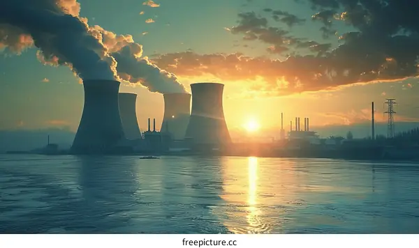 Nuclear power plant on the river at sunset