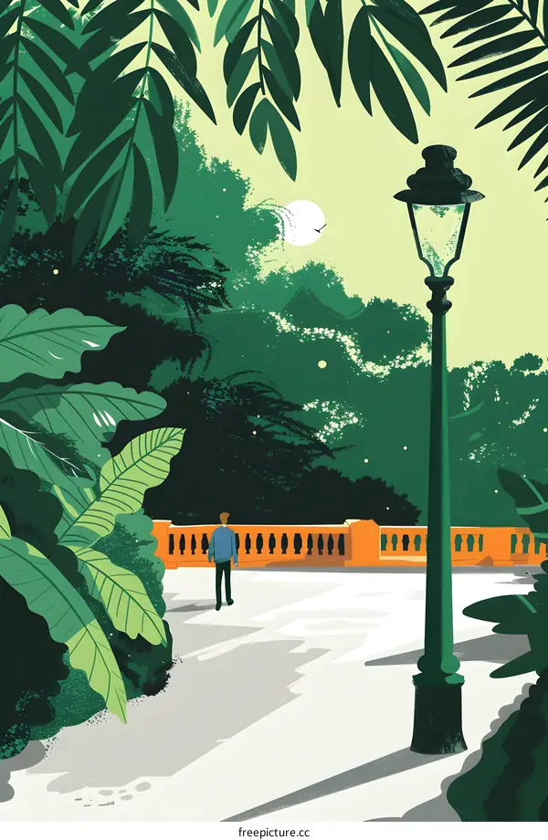 Man Walking Through Green Lush Forest  With Street Lamp And Orange Fence