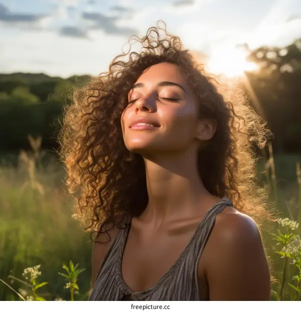 Portrait of a beautiful young woman with curly hair and closed eyes enjoying the warm sunlight in a field of tall grass