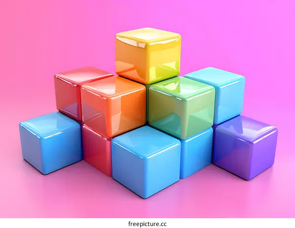 Colorful Cubes Stacked in Pyramid Shape on Pink Background