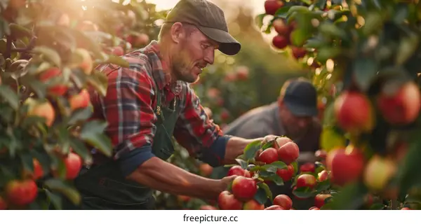 Orchard workers harvesting apples from trees