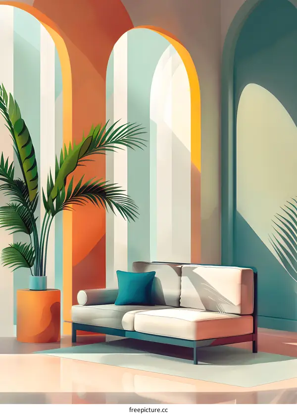 Minimalist Interior Design with Arch Windows and Sofa