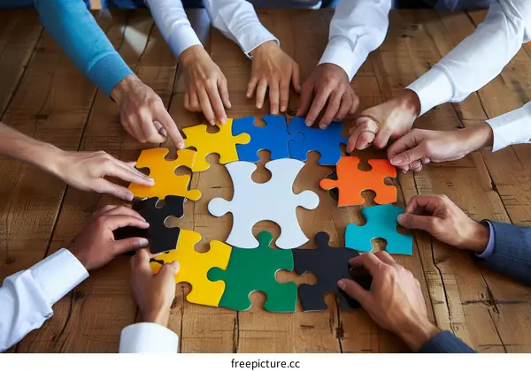Diverse group of business professionals working together to solve a puzzle