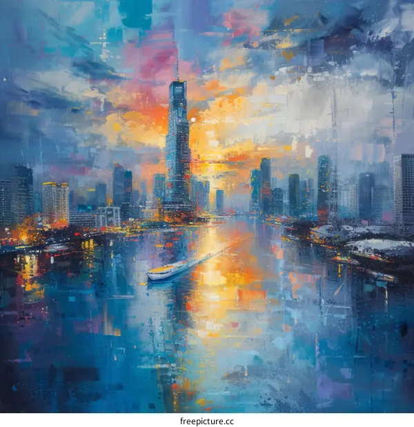 Impressionist painting of a cityscape with a river and boats