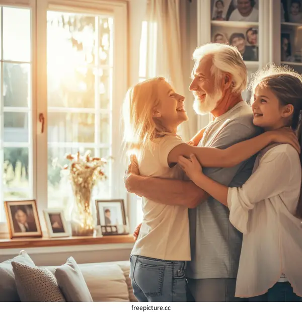 Happy family of three hugging each other