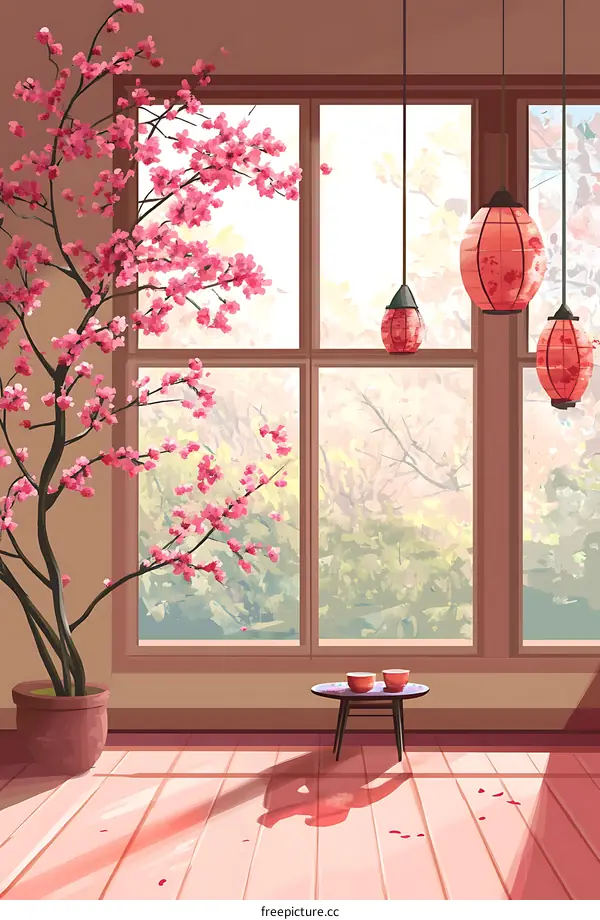 Pink Cherry Blossom Tree by the Window with Hanging Lanterns
