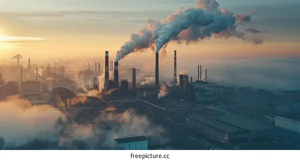 Aerial Cityscape with Polluting Industrial Factory Buildings