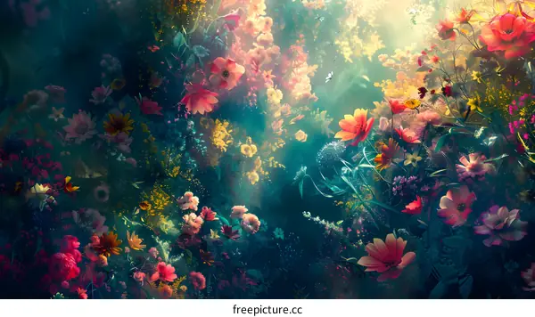 Colorful Flower Garden Illustration with a Dreamy Atmosphere