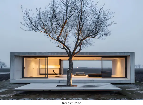 Minimalist Concrete House With Tree Growing Through It