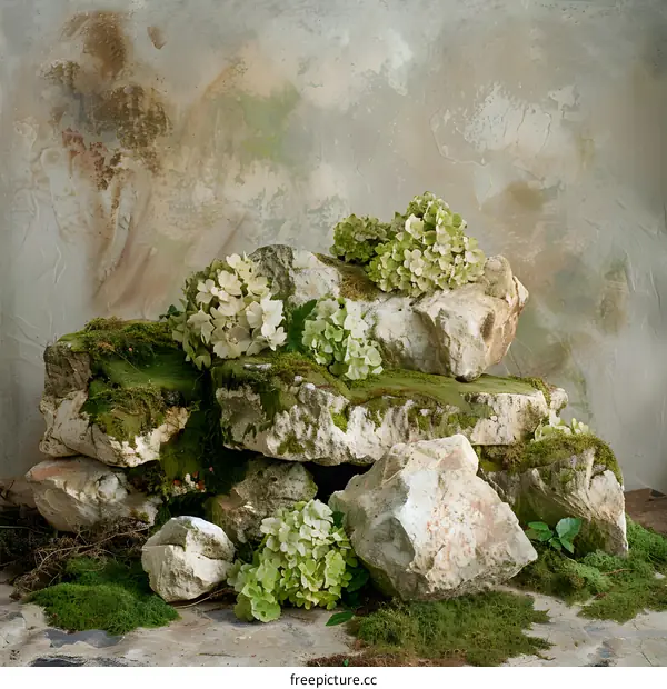 White Flowers on Moss Covered Rocks