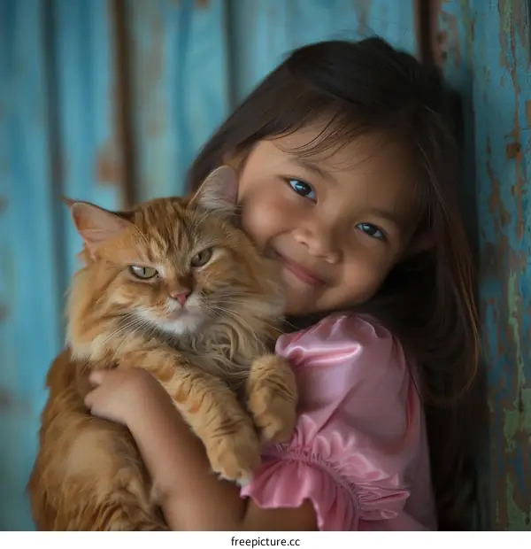 portrait of a smiling girl hugging an orange cat