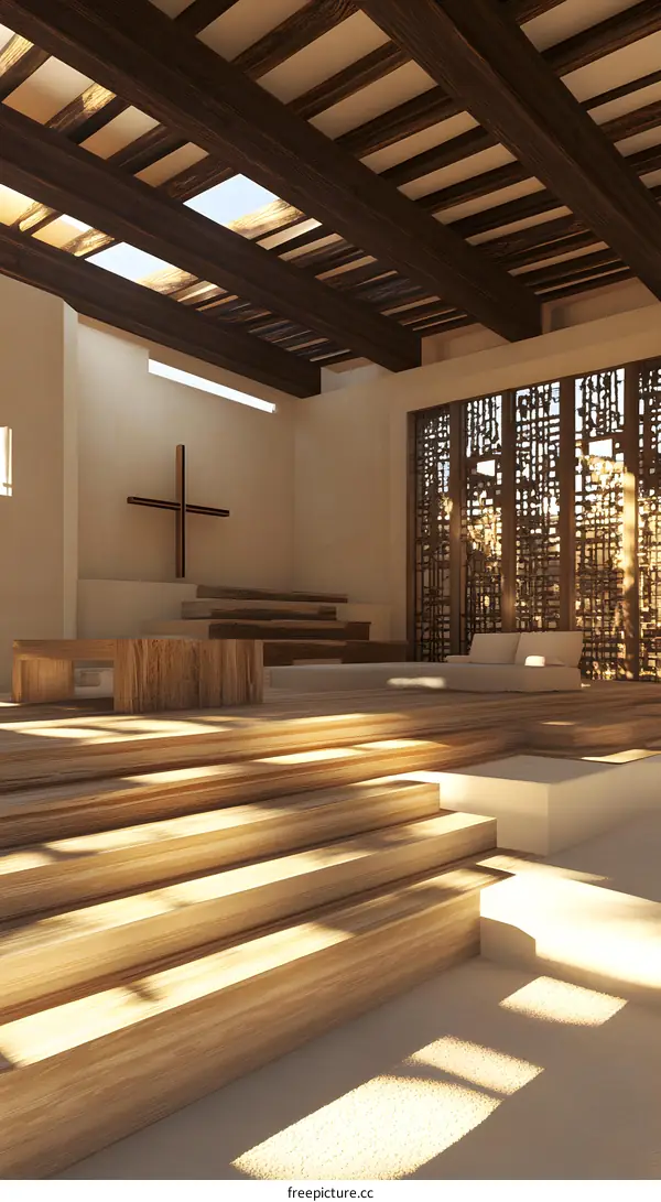 Modern Architecture Interior Design With Wooden Beams And Cross