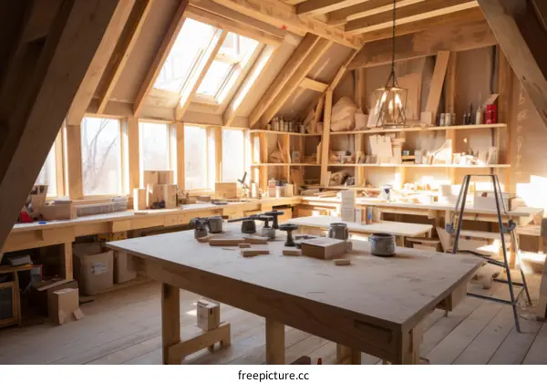 A large woodworking shop filled with natural light