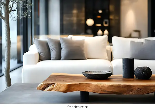 Modern Living Room Interior Design with Natural Wood Coffee Table