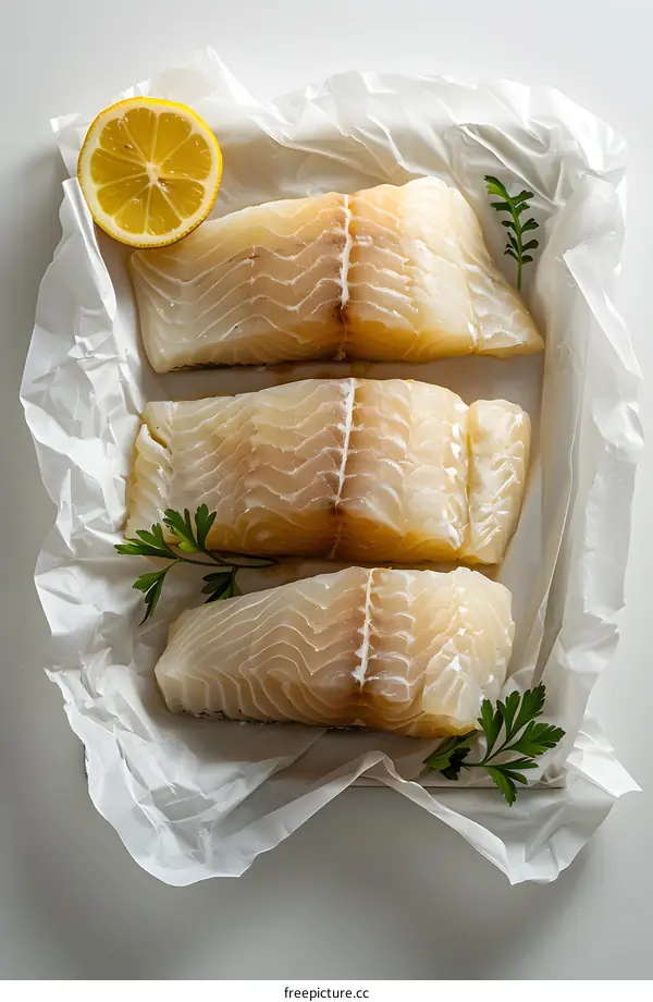 Three pieces of raw cod loin with lemon and parsley