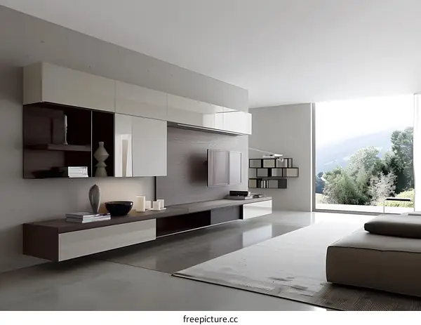 Modern Minimalist Living Room Interior Design with Wall Mounted Entertainment Center