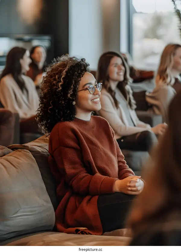 Smiling Woman with Curly Hair Sitting in a Meeting