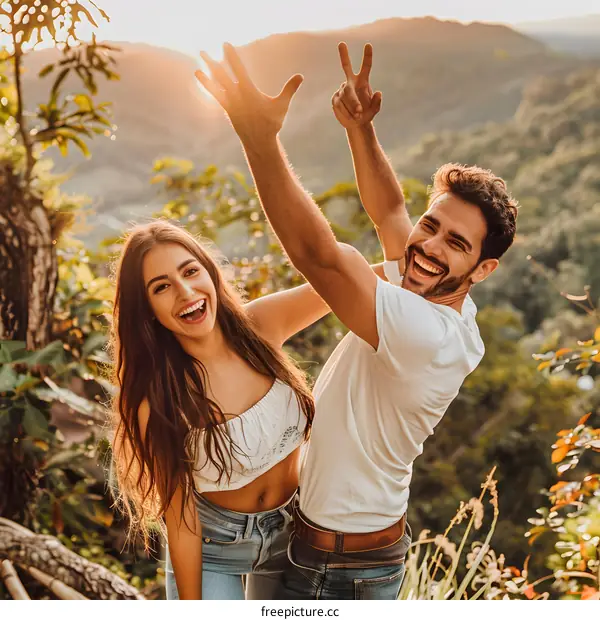 Happy Couple Enjoying Nature During Sunset