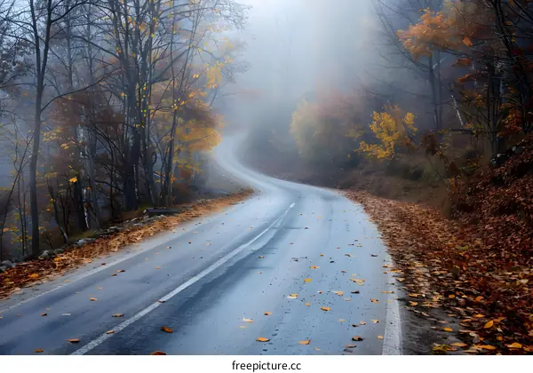 Winding Road Through Foggy Autumn Forest