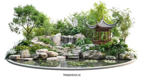 [Transparent Background PNG]Courtyard with a Chinese-style pavilion and a pond