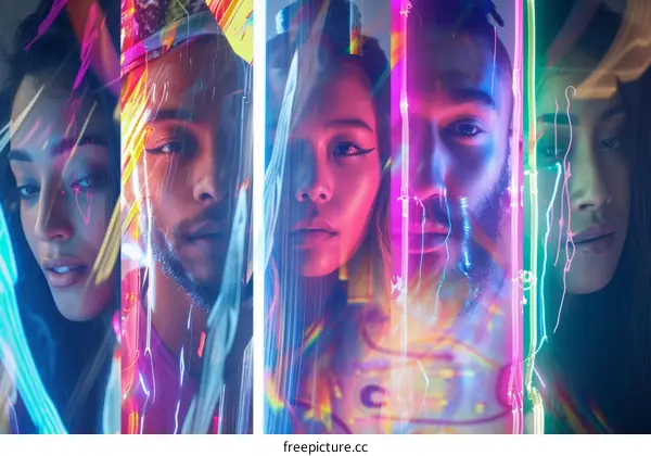 People of different ethnicities with colorful neon lights on their faces