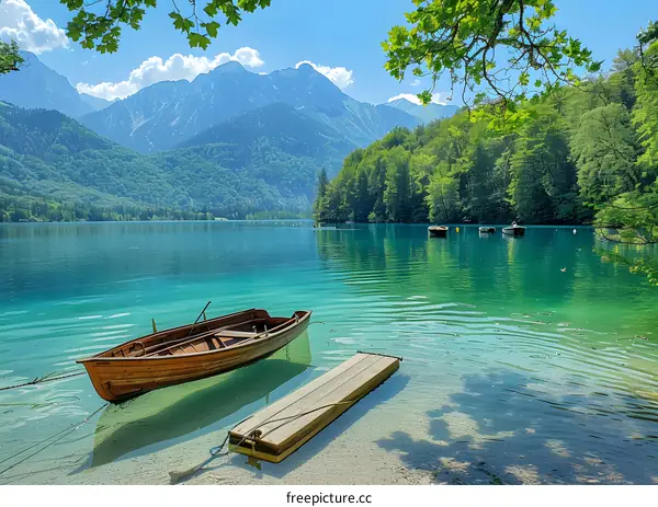 Wooden boat on a lake in the mountains