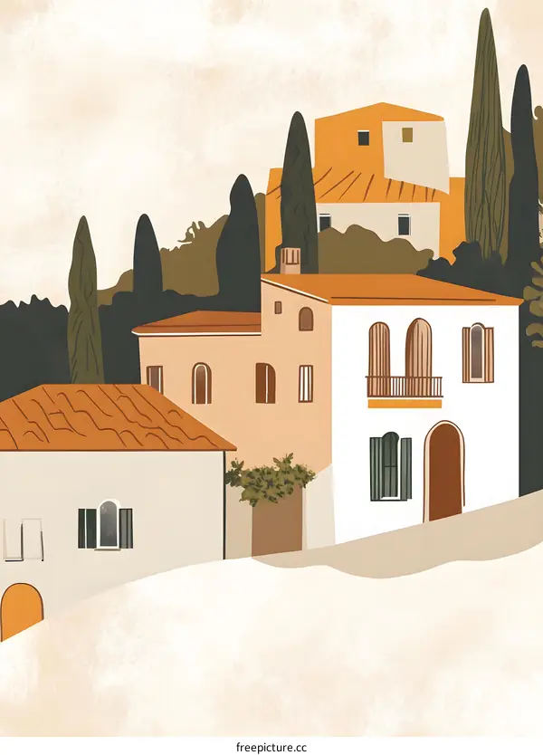 Minimalist Illustration of a Landscape with Houses and Trees