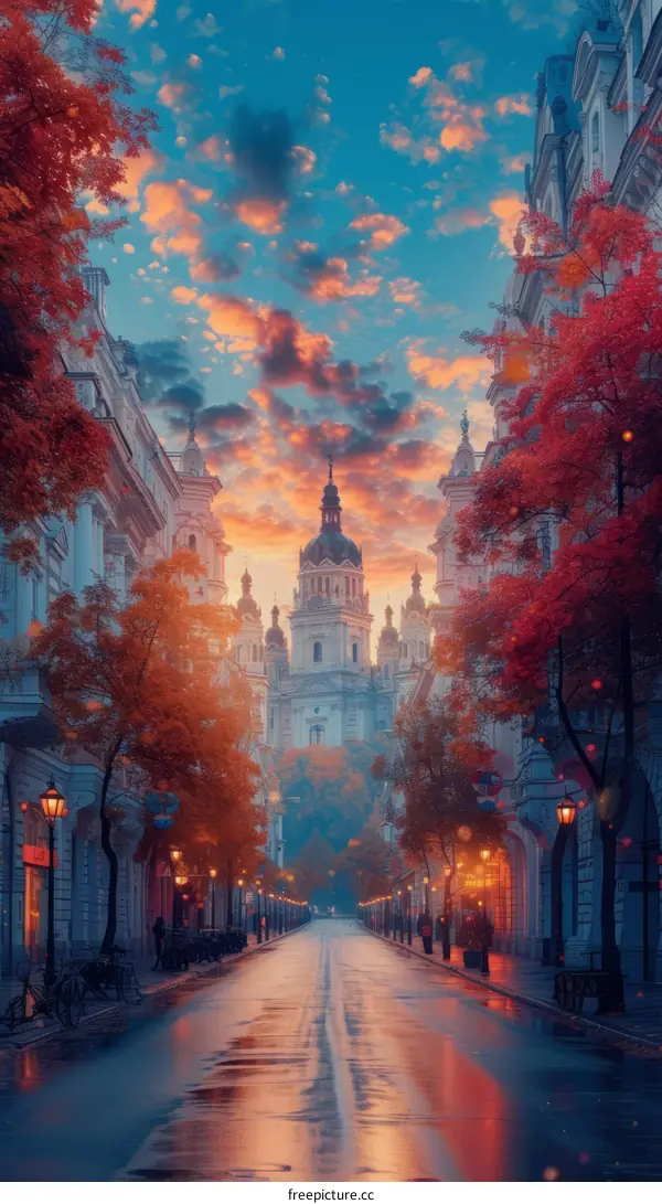 An illustration of a beautiful European city street with a large cathedral in the distance and autumn trees lining the street