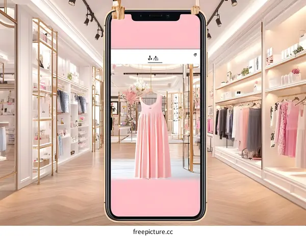 Mobile Phone Screen Displaying Pink Dress In Clothing Store