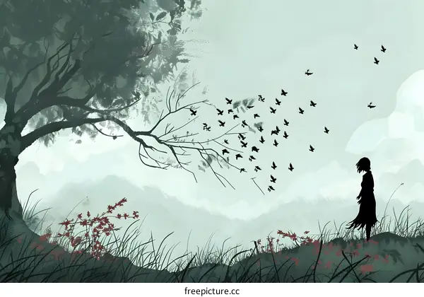 Silhouette of a Woman Standing in a Field of Grass, with a Flock of Birds Flying Away