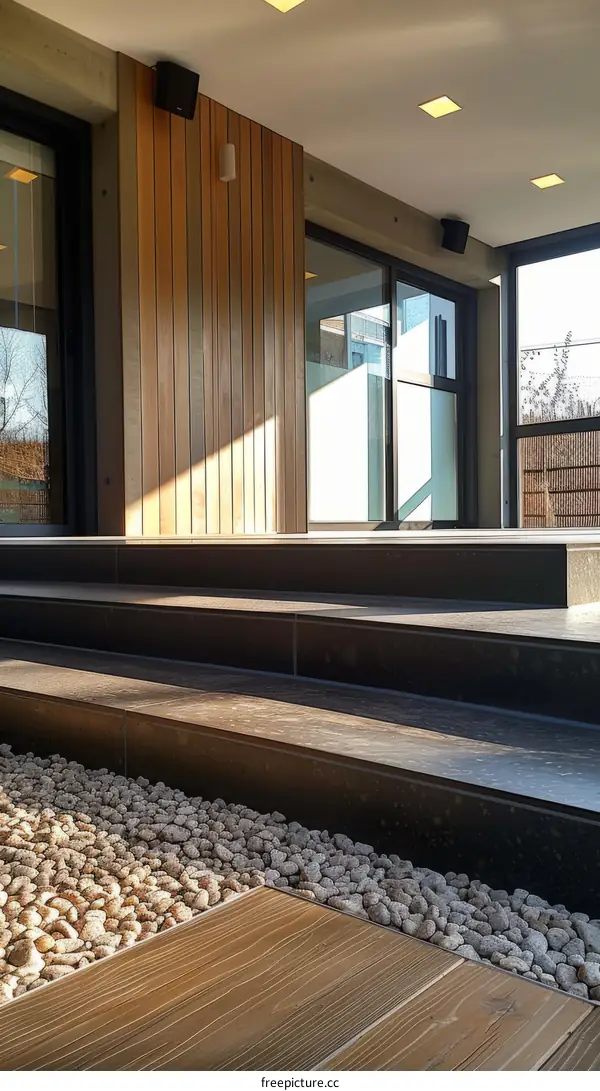 Wooden floor tiles and pebbles in front of a modern house