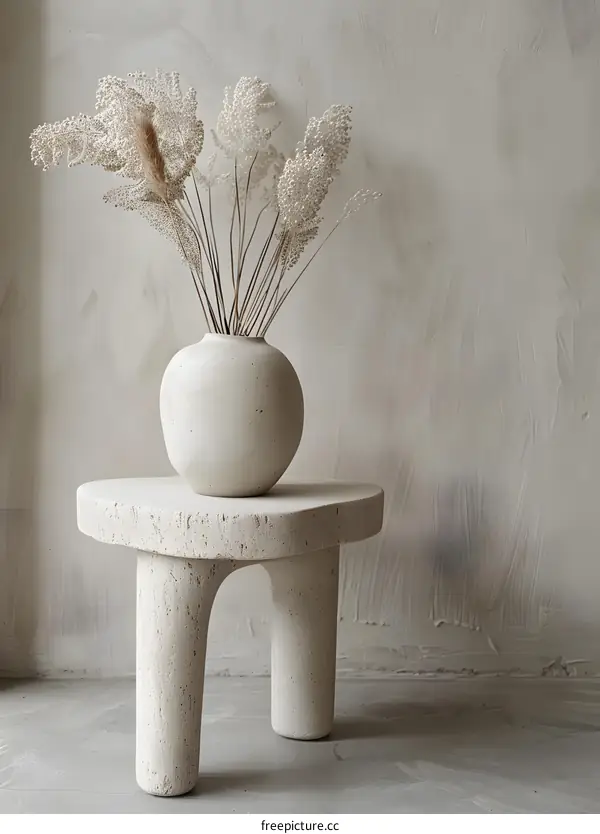 White Vase with Dried Flowers on a Stone Stand