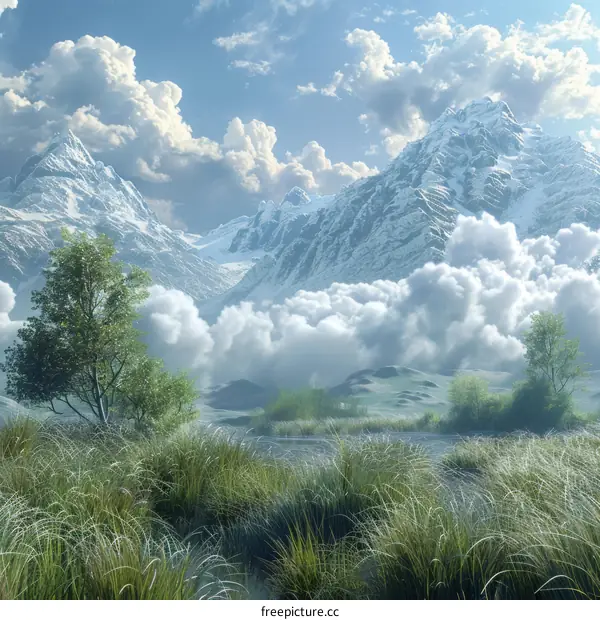 Majestic Mountain Scenery with Fluffy Clouds