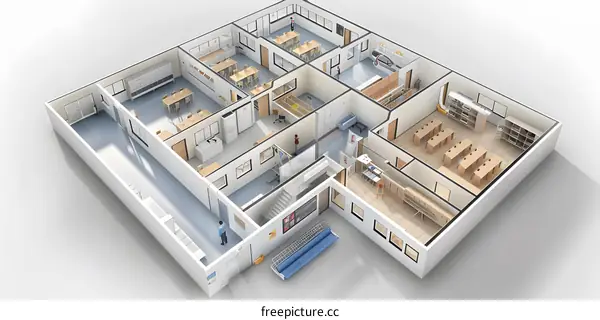 3D Illustration of Classroom Floor Plan with People