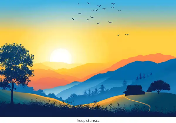 Mountain Landscape Silhouette with Sunset Sky