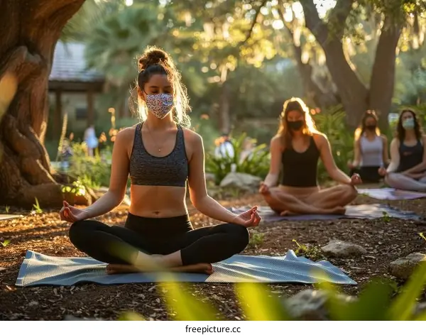 Four women doing yoga in a park