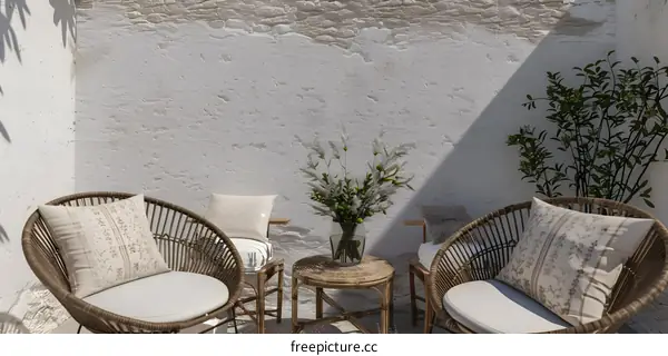 White Wall Patio With Rattan Chairs And Flowers