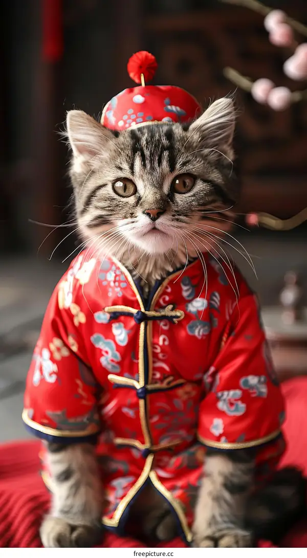 A cat wearing a red and gold Chinese traditional costume